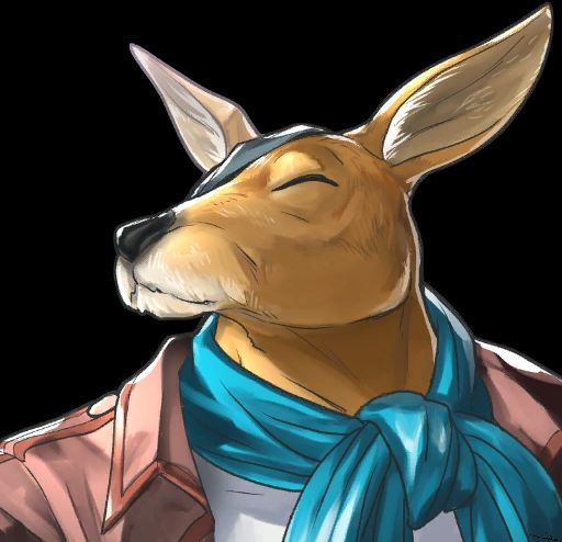 Talk sprite of Garoo, a beastkin kangaroo mercenary. Wears an eyepath over his left eye. 
This one depicts him with his eyes closed and a faint smile.