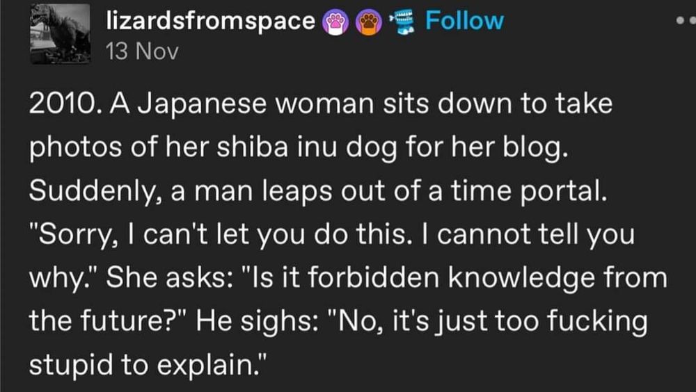 By @lizardsfromspace
2010. A Japanese woman sits down to take photos of her shiba inu dog for her blog. Suddenly, a man leaps out out of a time portal. "Sorry, I can't let you do this. I cannot tell you why." She asks: "Is it forbidden knowledge from the future?" He sighs: "No, it's just too fucking stupid to explain." 
