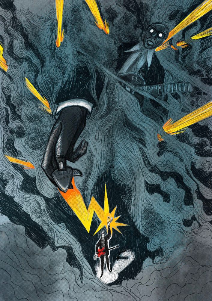 Poster art for José Ignacio Lapido for his concerts in December 2024 in Granada showing a godlike mississipi delta blues singer passing his knowledge through electricity to a small character representing Spanish rock singer Lapido.