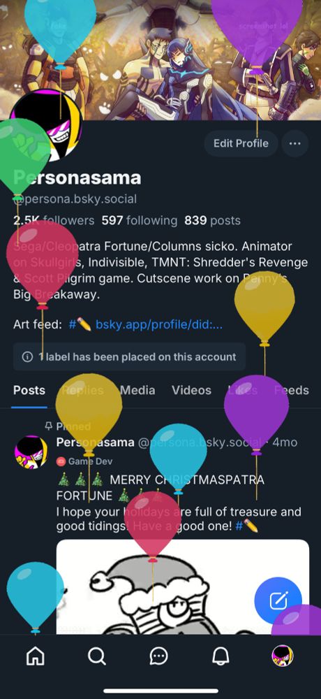 A photoshopped screenshot of the bsky app on my profile page with balloons flying like how the twitter app has them on your birthday