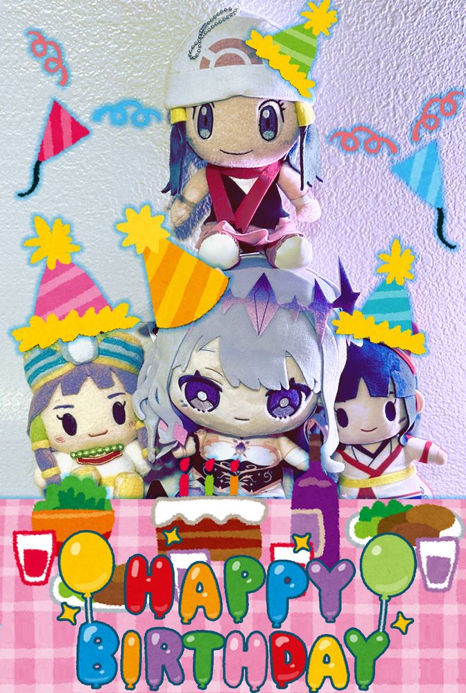 A photo of plushies of Koseki Bijou from Hololive EN Advent, Patrako from Cleopatra Fortune, Nakoruru from Samurai Shodown, and Dawn from Pokemon all wearing party hats and hanging out in front of a table with birthday food and drinks. Two party crackers are exploding in the air and "happy birthday" is written in front of the table. The party hats/food/text are from Irasutoya art and crudely photoshopped in.