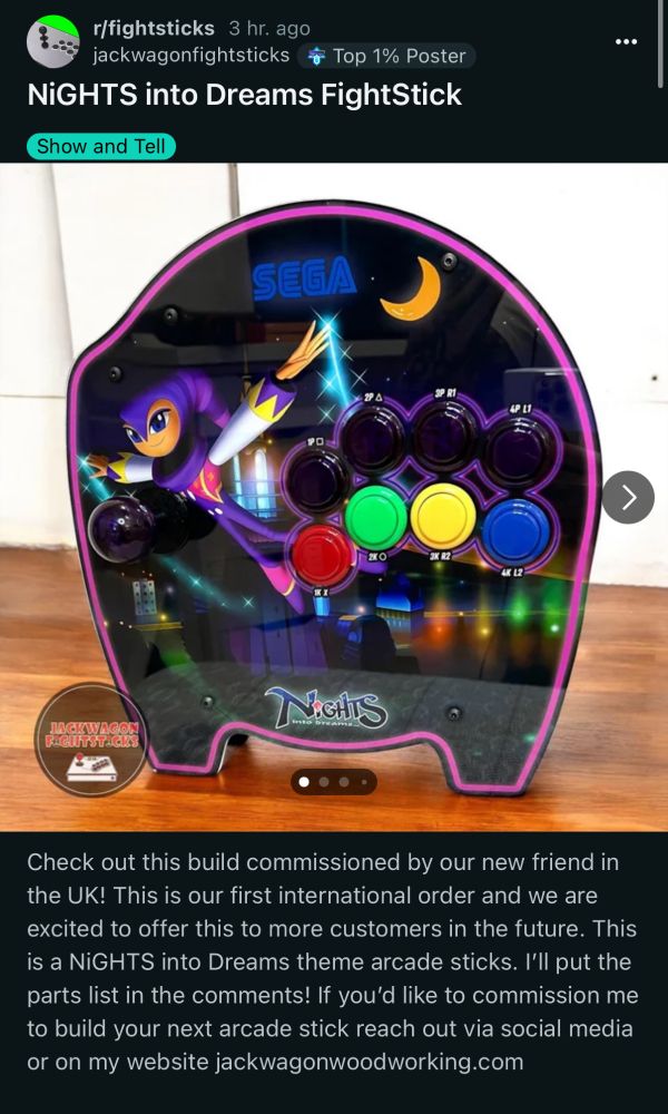 Reddit post about a Fightstick shaped like the Saturn analog controller made by jackwagonwoodworking.com