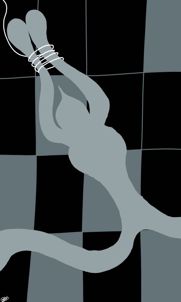 digital drawing. black background with a partly filled grey checker pattern on it. on this in light grey an abstract human figure. their hands are tied with a white rope in the upper left corner, their legs spread in the lower right corner