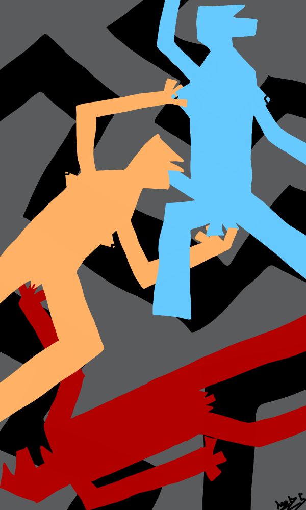 digital drawing. background dark grey with thick black lines on it. on this three abstract figures, one in light blue with breasts and a penis, one in yellow with breasts and a vulva with the penis of the blue one in their mouth, their right hand on their testicles and their left hand on their right breast, one in red with a penis with their left hand in the vulva of the yellow one