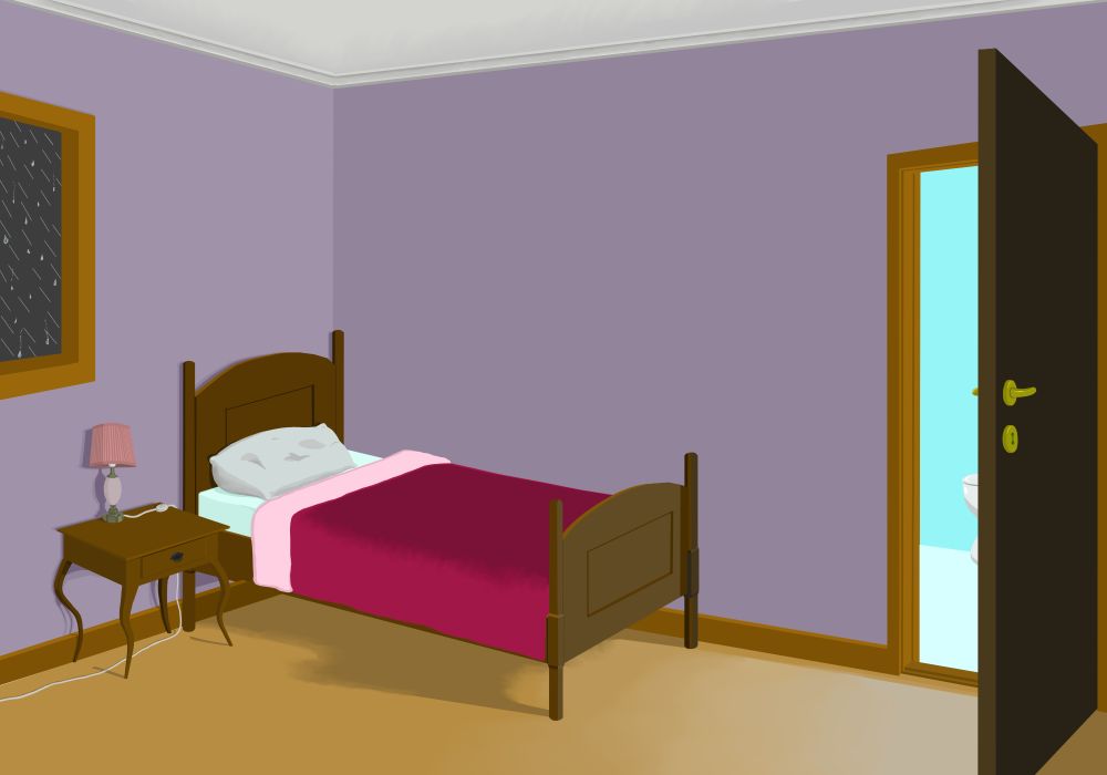 A hotel room with a bed and a nice bedside table, a window reaveals it's a rainy night outside. A door to a lit up bathroom stands open. 