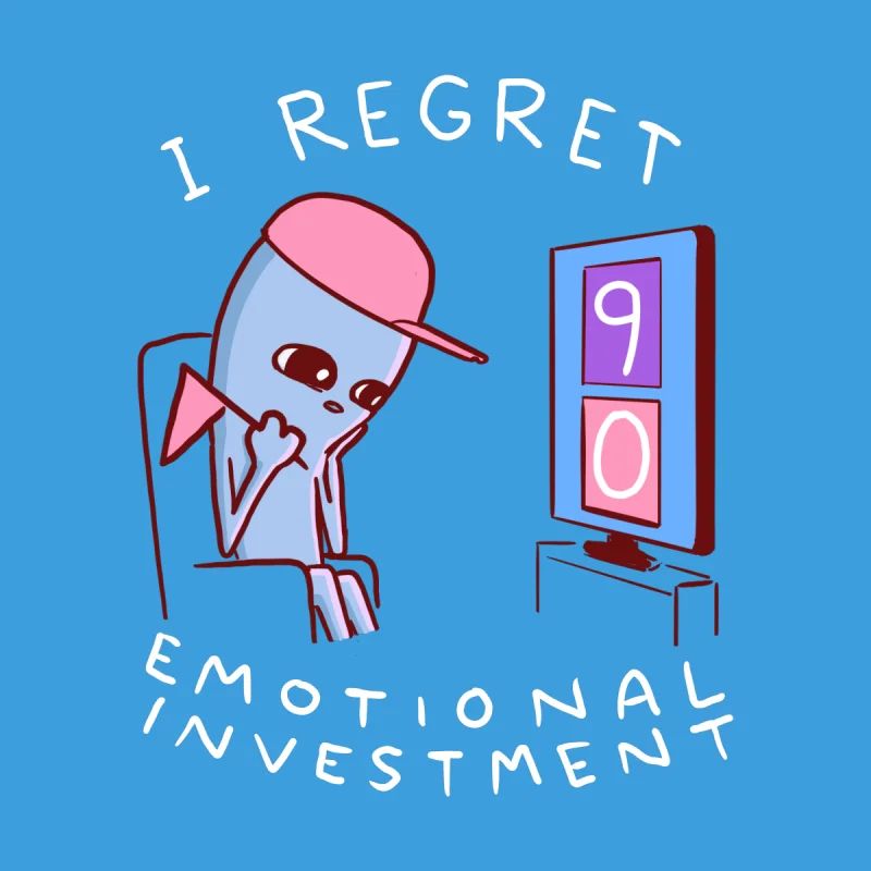 A drawing from Nathan Pyle's "Strange Planet" series depicting an alien watching a sporting event where the team the alien rooted for lost 9-0. The text says "I regret emotional investment."