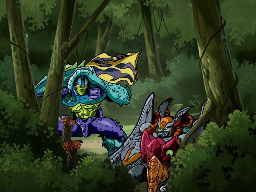 More 'lost' Beast Wars Transformers moments. The picture shows Transmetal 2 Sonar and Spittor from the 3H BotCon comic book Transformers Universe Featuring The Wreckers. But rather than their official explosive end, the Primeval Dawn pair have survived and wound up on Jungle Planet seen in Transformers Cybertron episode 'Trust'. Sonar is resting under a tree, Spittor scratching his head. Both are in robot modes.
Character art by Dan Khanna, Chuck Gibson, Terry Pallot and Hi-Fi Designs.