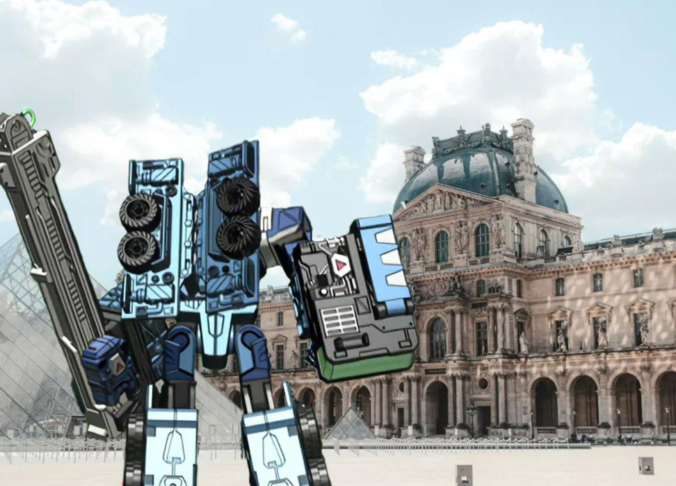 A screenshot of ze outrageously French accented Decepticon crane Mudflap from 2005's Transformers Cybertron episode 'Family'. We get a good look at his caboose while he stares off towards a real photo of the Louvre. The joke for this daring crime so bold writes itself. The background photo meanwhile comes from website French Side Travel.
