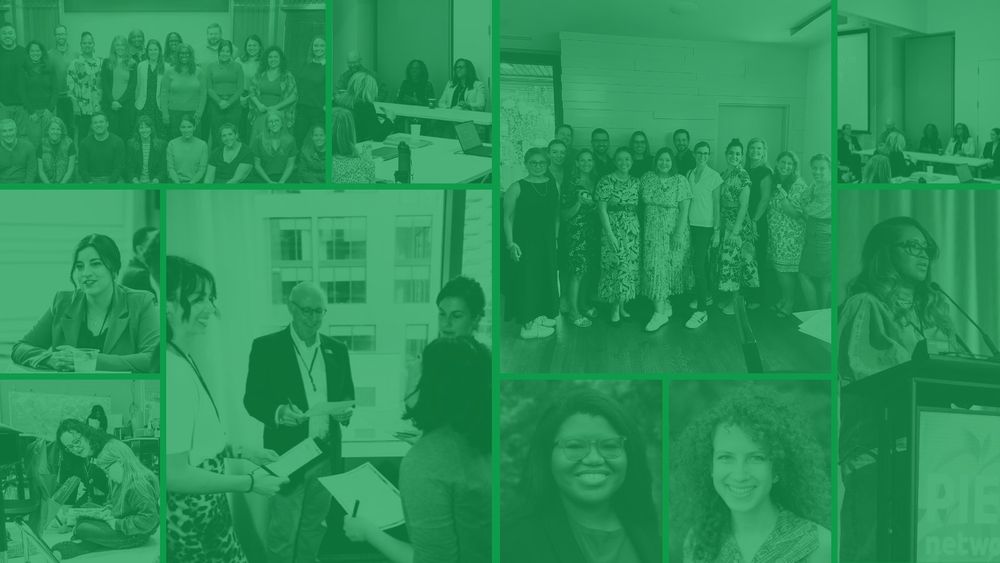 Collage of various groups of people in different business and casual settings, interacting and networking. Color overlay in shades of green.