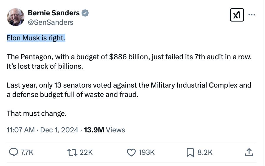 Sen. Bernie Sanders saying "Elon Musk is right" and expressing eagerness to work with DOGE, December 1, 2024.