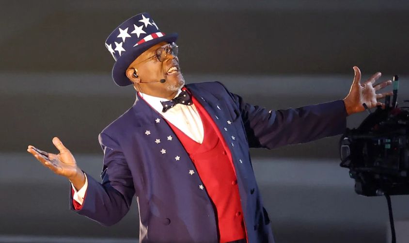 Samuel L. Jackson dressed as Uncle Sam, performing in the Super Bowl half time show.