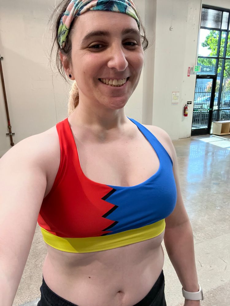 Selfie of me wearing the Hedgehog Zone sports bra. 