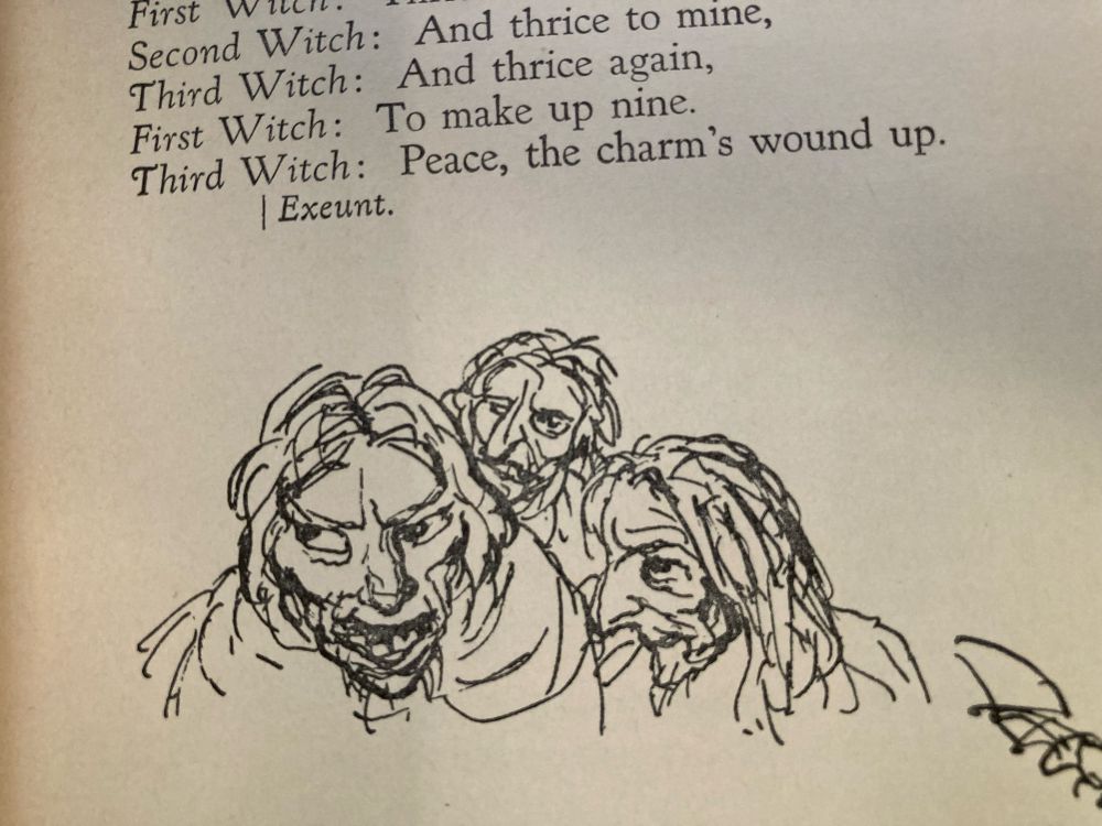 A line drawing of the “Three Weïrd Sisters” by Orson Welles