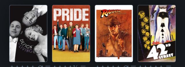 Four movies:
Design for Living
Pride
Raiders of the Lost Ark
42nd Street
