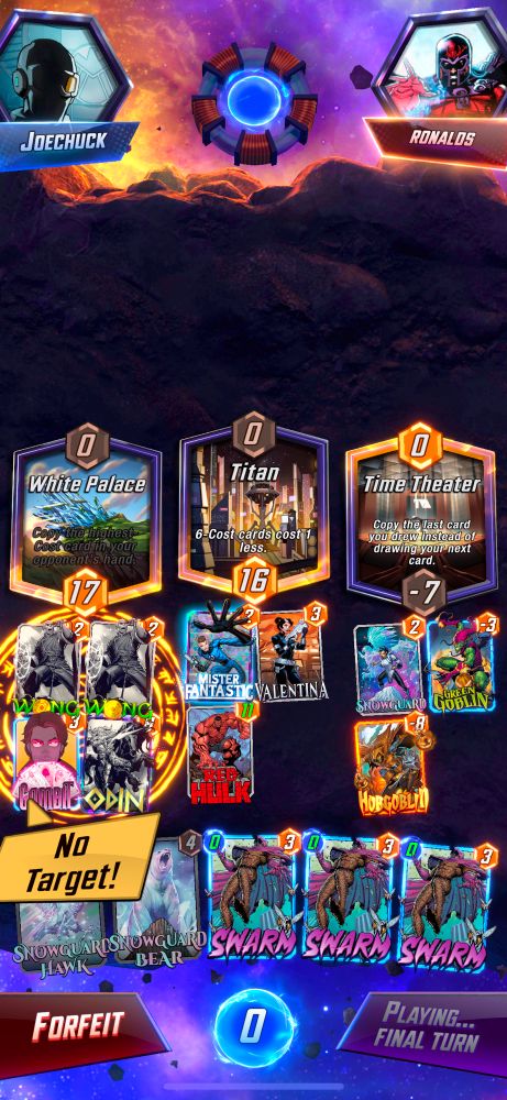Marvel Snap image of a cheesy strategy exploiting Wong, Gambit, and Swarm to destroy every card on the opponent’s side. 