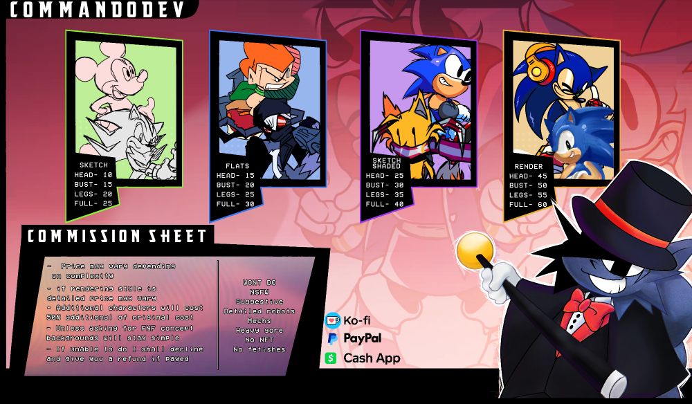Commission sheet with sonic, requital from sonic.exe, pico, hank, mickey mouse, shadow, and the render used in sonic legacy