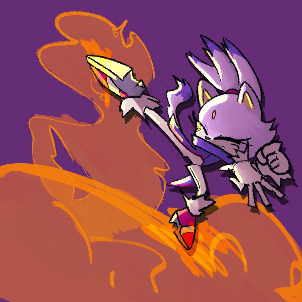 Blaze the cat doing a spiralling pirouette kick with flames behind.