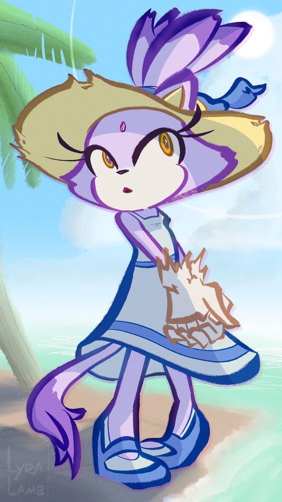 Blaze the cat (a lavender anthropomorphic cat) wearing a blue and white sundress with matching shoes as well as a wide straw hat with a matching blue ribbon around the top standing on the shoreline of a beach, waves lapping the sand just next to her feet. 

She stands with her hands together by her knees, (to push down the dress) and her knees together, left foot pointed towards the heel of the right. Tail dangling below.

Above a palm tree blocks some of the sun's rays. The ocean glistens in the distance.

There's something about using my colour theory skills to make something that isn't moody as hell for once, I really like how calming this one feels. I can stare at it all day.

Can't get enough of drawing this cat.