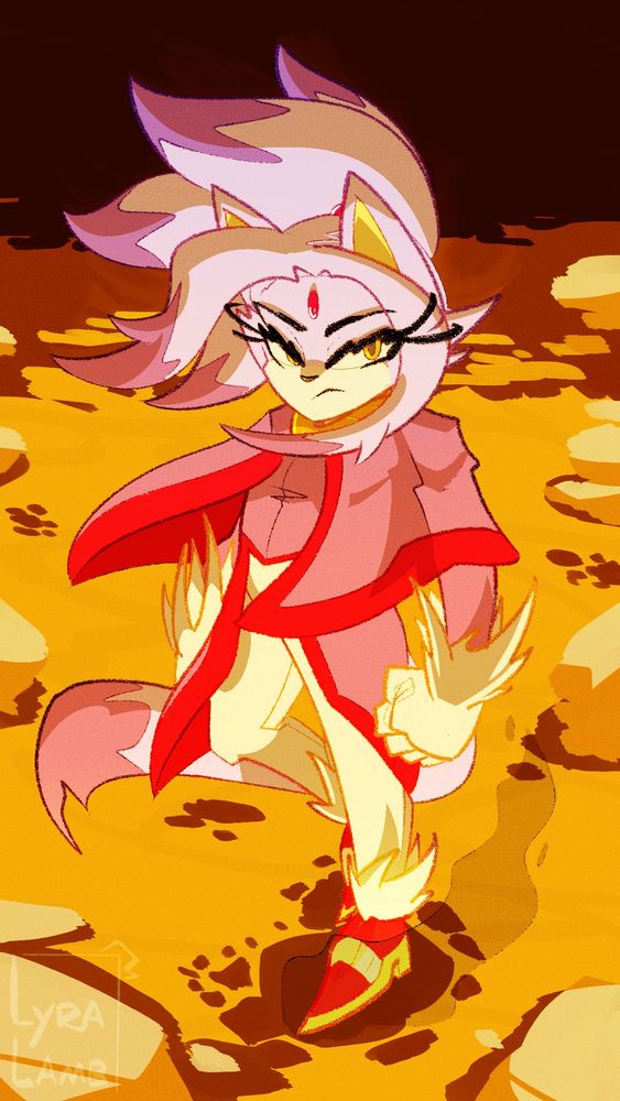 A more anthropomorphic Blaze the cat (as in has a humanoid body shape and not cartoon proportions) standing upright atop a pool of lava, feet smouldering under the heat- not that it bothers her though.

We look down on her a bit, and she looks up and to the side, standing upright.

God, I wish I was that cool (well, she's atop lava, I guess she's not cool at all)