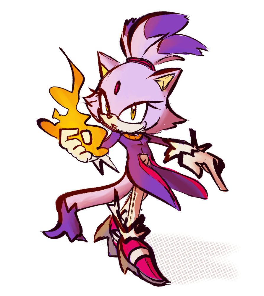 A sketch of Blaze the Cat turning to look over her shoulder while a flame dances atop her hand.