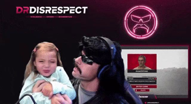 a man is holding a little girl in front of a drdisrespect logo