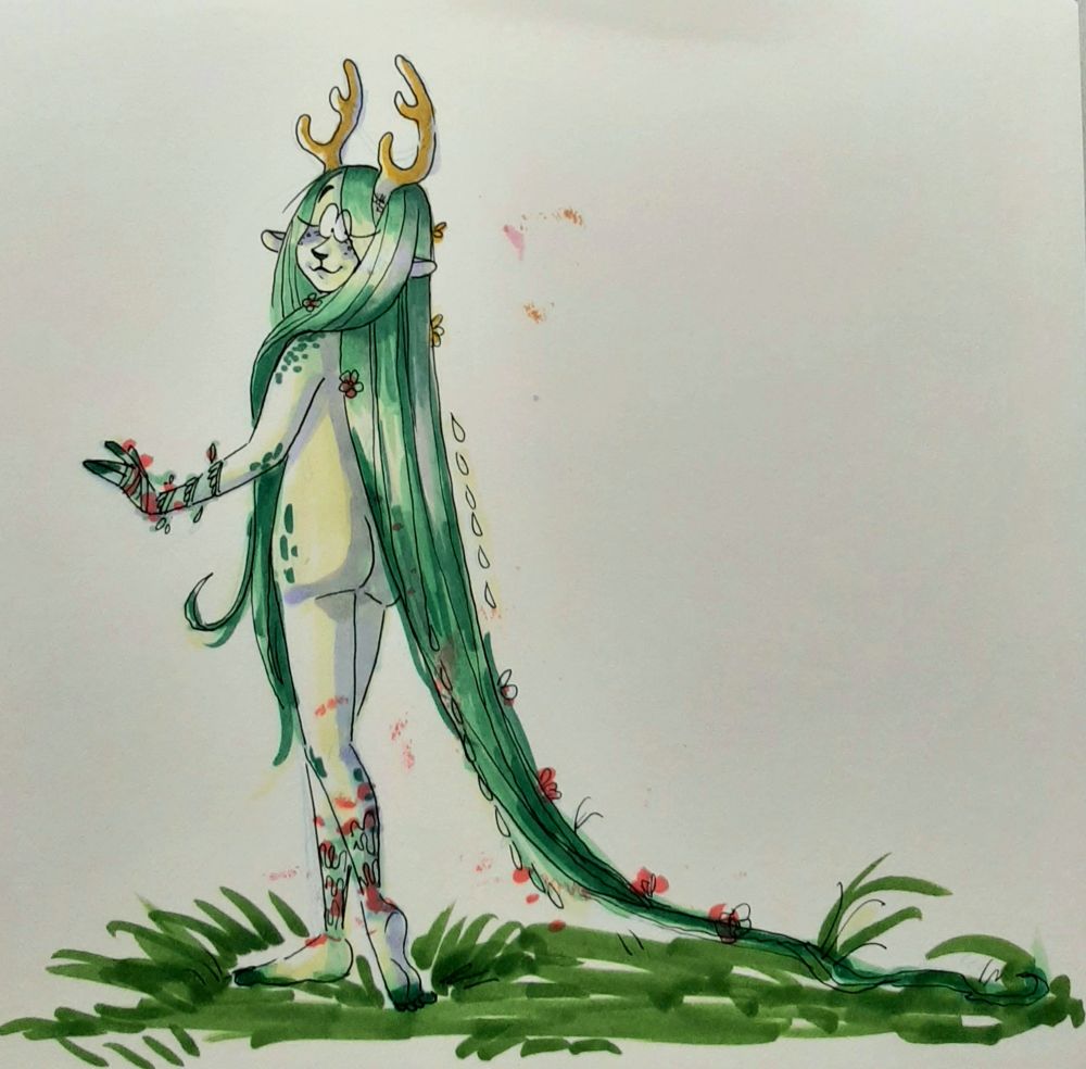 marker drawing of a forest nymph. she has small antlers and long green hair thar drags on the ground. she has green skin with spots, flowers around her arms an legs, and a deer-like nose