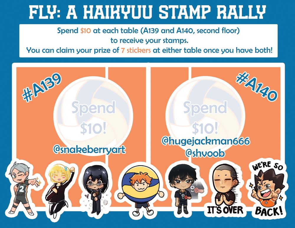 Haikyuu Stamp Rally Card that looks like a volleyball court and has chibi sticker designs of Suga, Yachi, Kiyoko, Hinata, Kageyama, Tanaka, and Nishinoya