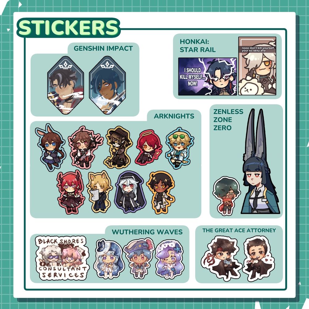 Stickers for Genshin, Honkai Star Rail, Arknights, ZZZ, WuWa, and The Great Ace Attorney