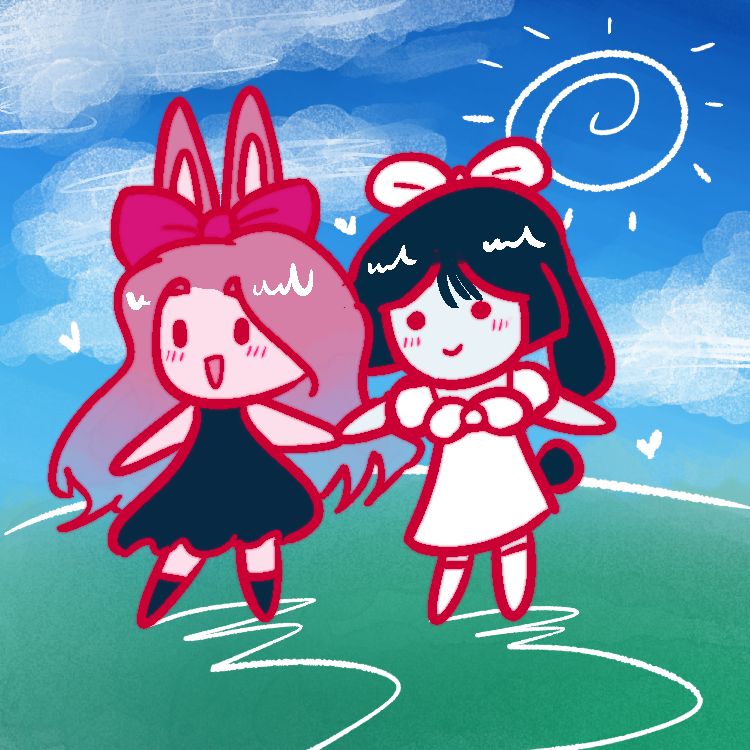 Mizi bunny and Sua bunny holding each other's paws as they walk together in a field with a bright blue sky.