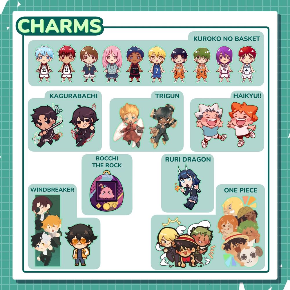 Charm designs for Kuroko no Basket, Kagurabachi, Tribune, Haikyuu, Windbreaker, Bocchi the Rock, Ruri Dragon, and One Piece