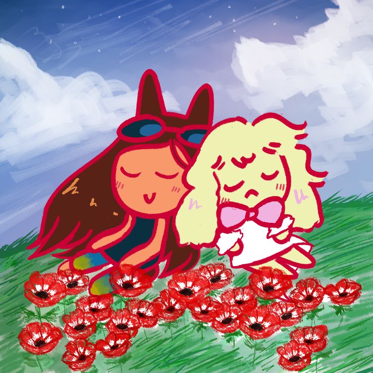 Bunny Hyuna and Luka from Alien Stage sleeping. They are laying on each other in a field of red anemone.