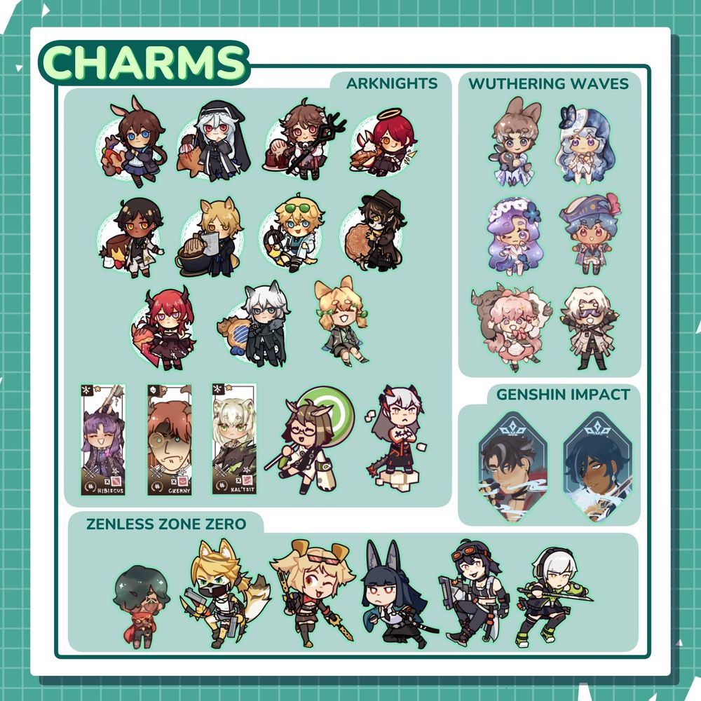Charm designs for Arknights, WuWa, Genshin Impact, and ZZZ
