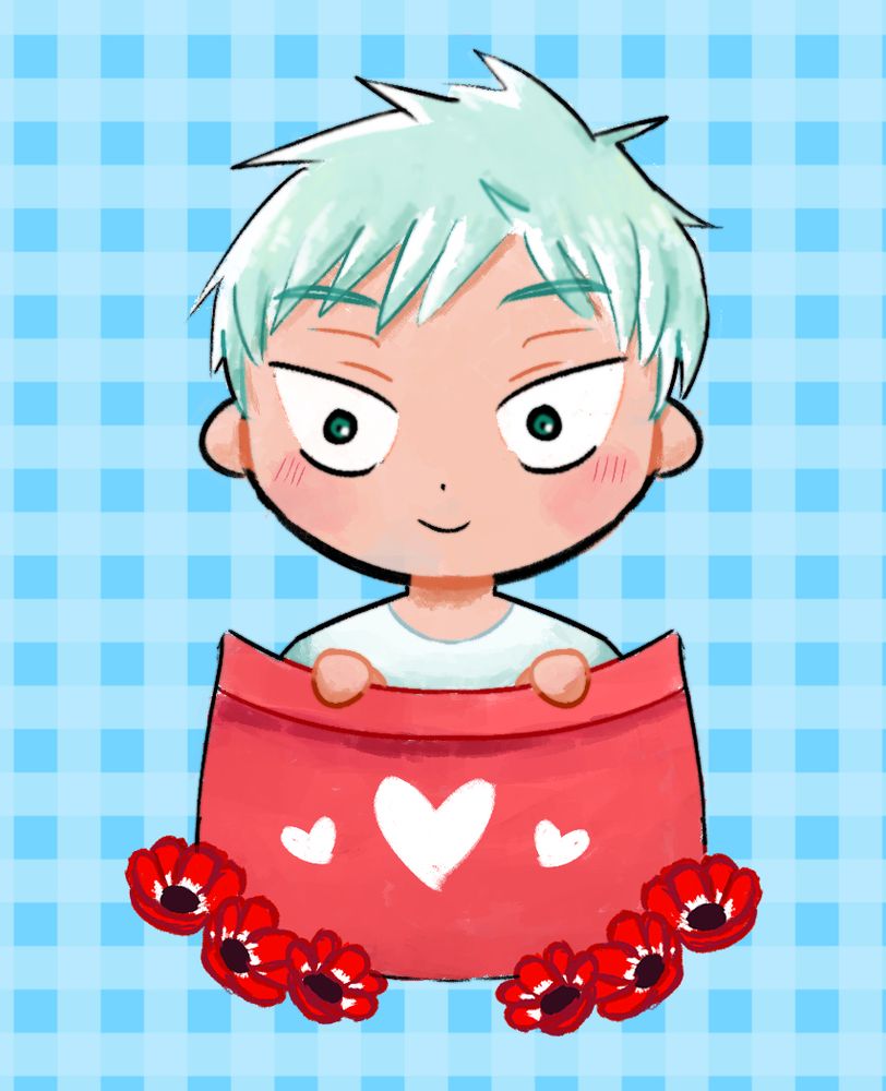Drawing of Baby Till in a pocket, smiling at you. There are hearts on the pocket and red anenomes in front.