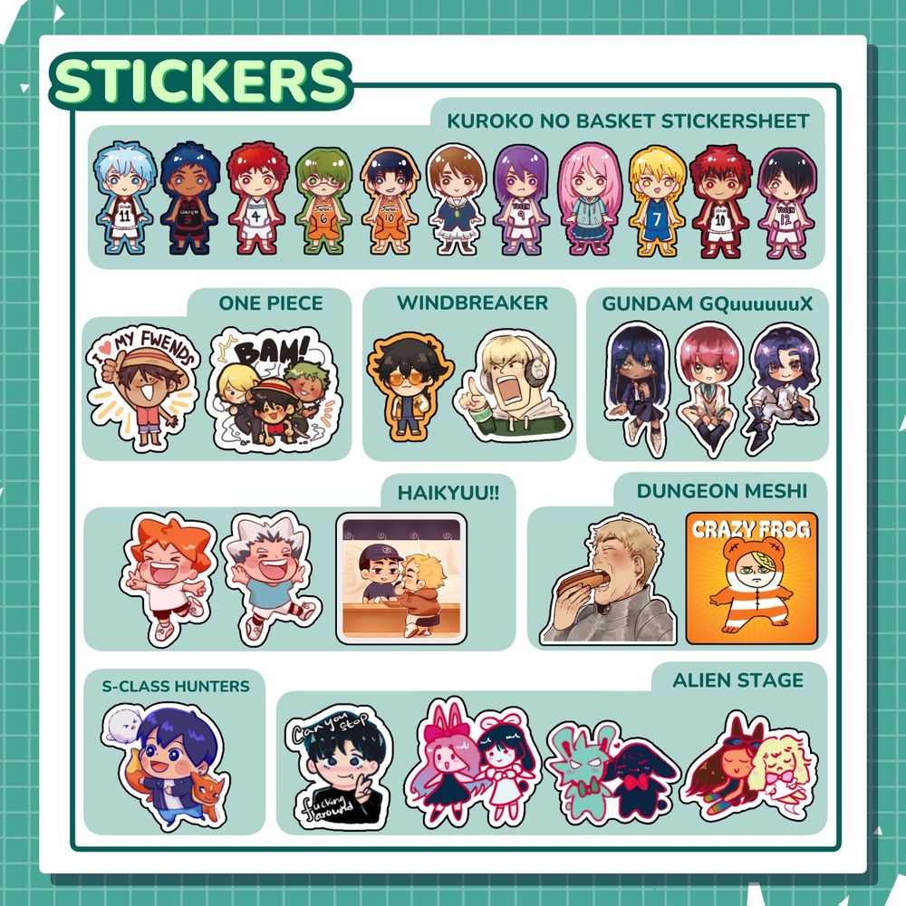 Sticker designs for Kuroko no Basket, One Piece, Windbreaker, Gundam, Haikyuu, Dungeon Meshi, S-Class Hunters, and Alien Stage