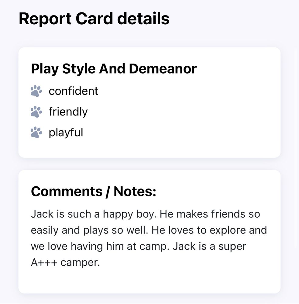 A report card that says “Jack is such a happy boy. He makes friends so easily and play so well. He loves to explore and we love having him a camp. Jack is a super A+++ camper.