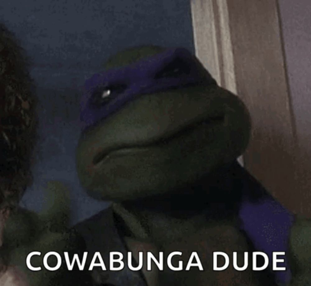 a teenage mutant ninja turtle is laughing with the words cowabunga dude below him