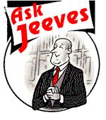 Inaugural logo for Ask Jeeves, featuring an illustration of a polite, archetypical British butler sporting a balding head and a dark grey suit with a red tie