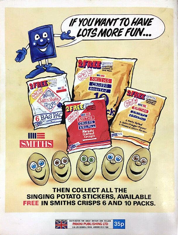 Illustration of Mr. Blue Bag and the singing potatoes on the back of a Panini sticker album.
BAG: "If you want to have lots more fun..."
Then collect all the singing potato stickers, available FREE in Smiths Crisps 6 and 10 packs.