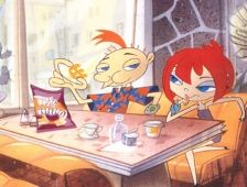 Willie and his redhead girlfriend, Peaches, in their mid-teens, eating some Wotsits Wafflers at a diner