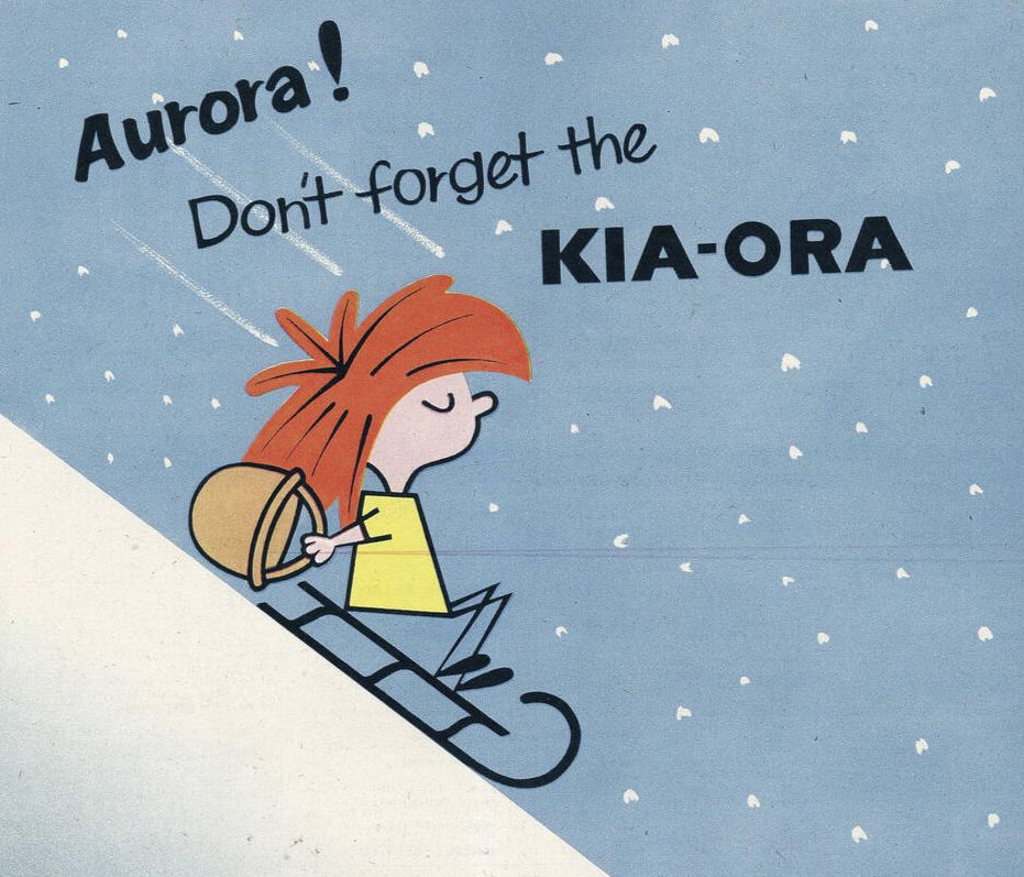 Aurora riding a sled downhill with an empty basked in hand while her mother calls, "Aurora! Don't forget the KIA-ORA"