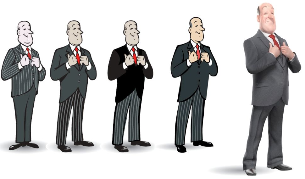 Jeeves' designs over the years leading up to his 2009 CG redesign, gradually slimming him down, switching the stripes on his suit down to his trousers and using varying shades of black or grey