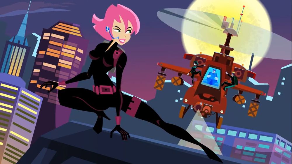 Erin in her black catsuit, approached on a rooftop by a heavily armed enemy helicopter