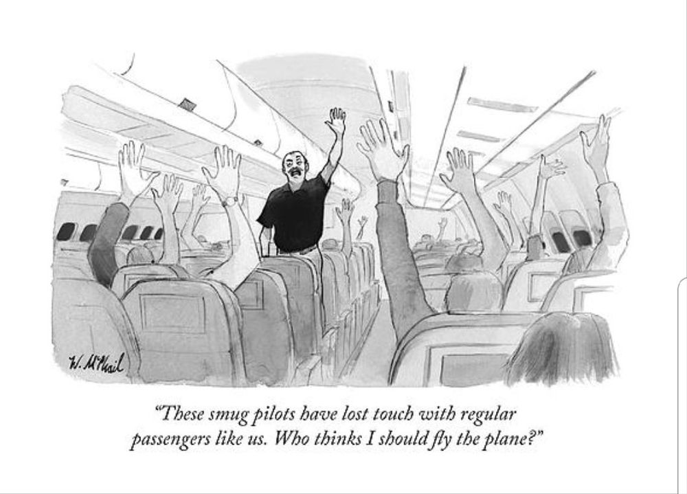 Meme. Im Flugzeug steht ein Passagier uns sagt "These smug pilots have lost touch with regular passengers like us. Who thinks I should fly the plane?"
