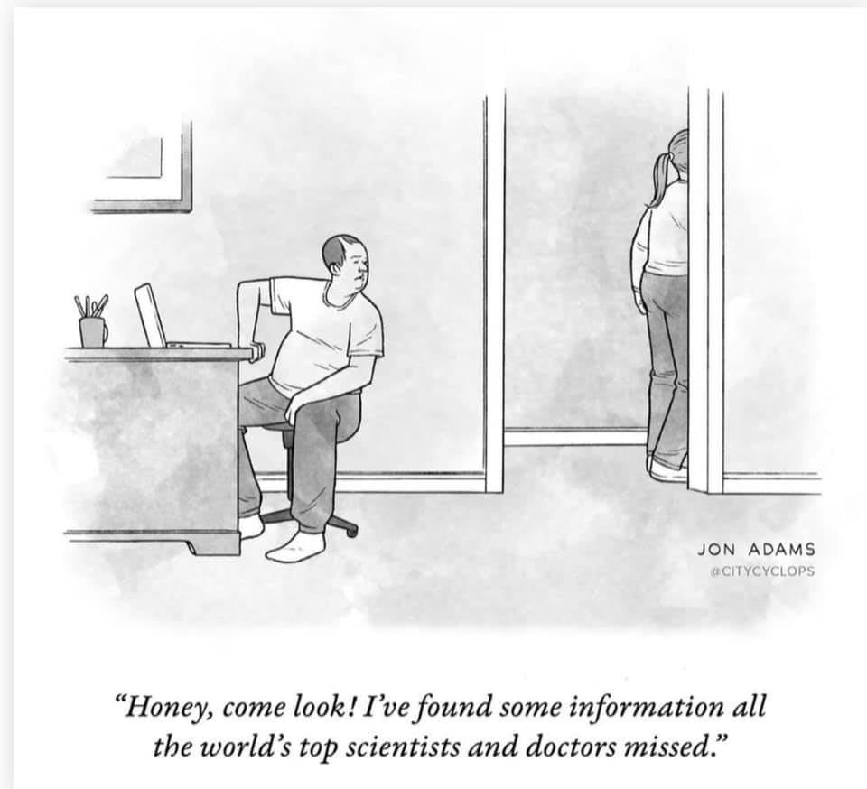 Meme: Man am PC: "Honey, come look! I've found some information all the world's top scientists and doctors missed."