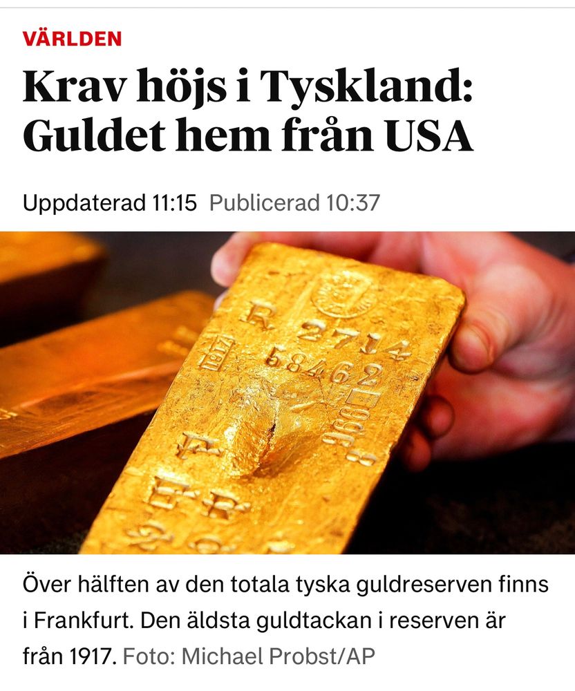 Image of an old gold bar with text underneath:
More than half of the German gold reserve is stored in Frankfurt. The oldest gold bar is from 1917.