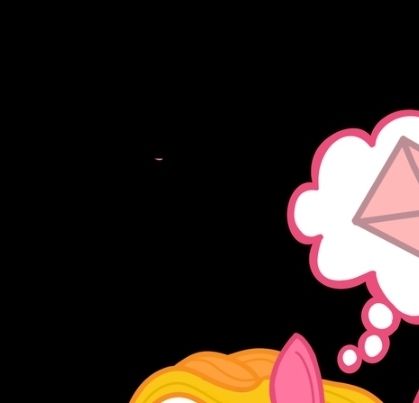 A zoomed in picture showing a bit of the top of a pony's head and half of a thought bubble holding an envelope. In the center is a random pink dot