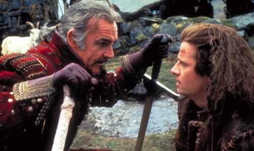 Screenshot from Highlander. A dripped out Sean Connery is lecturing a particularly bedraggled looking Christopher Lambert.