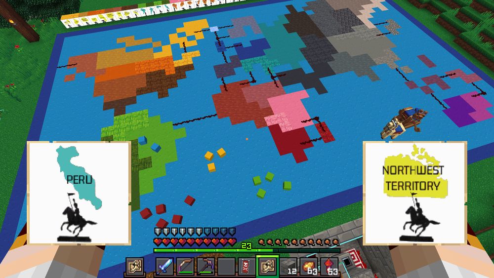 Minecraft screenshot of a Risk board, the player is looking down from above while holding the Peru and Northwest Territory cards. A wandering trader is standing on the board because of course he fucking is.