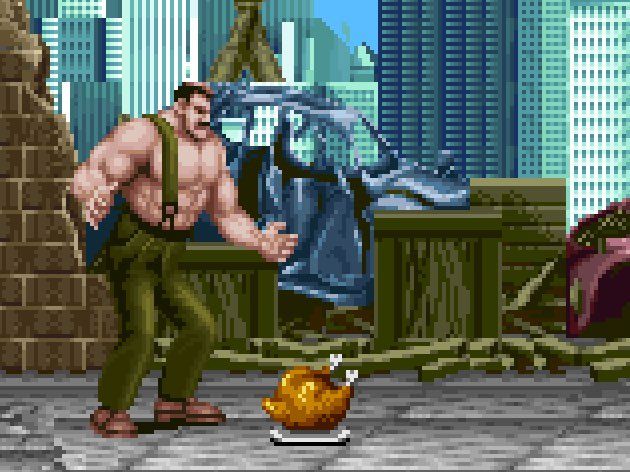 screenshot from Final Fight. Mike Haggar has found a cooked turkey inside a trash barrel. it is resting comfortably on the ground atop a white plate.