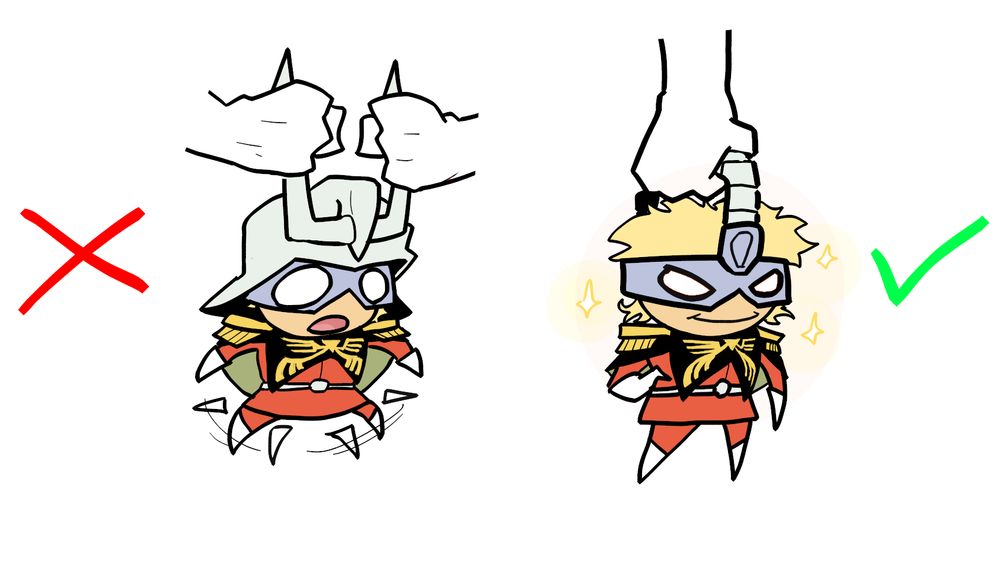 Cartoonish picture comparing two ways two hold a character :
On the left , char aznable is lifted by grabing the two horns on his helmet , he looks distraughted . On the right , he is lifted by grabing the strap holding his mask , he look as smug as usual .